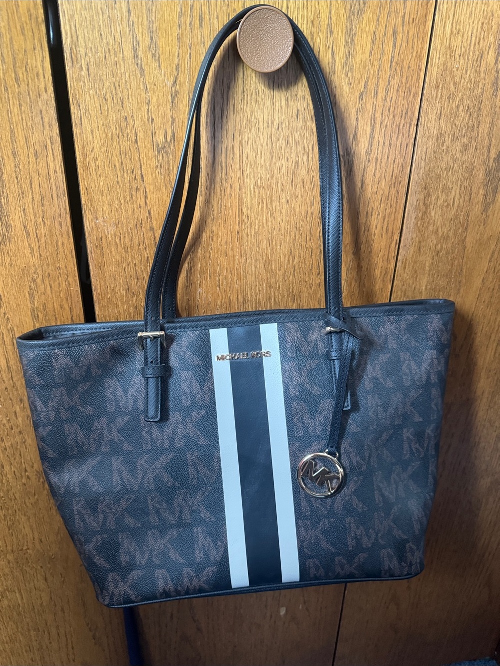 Michael Kors Brown MK Logo Tote with Blue and White Stripes